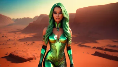 Futuristic Woman With Green Hair In Martian Landscape