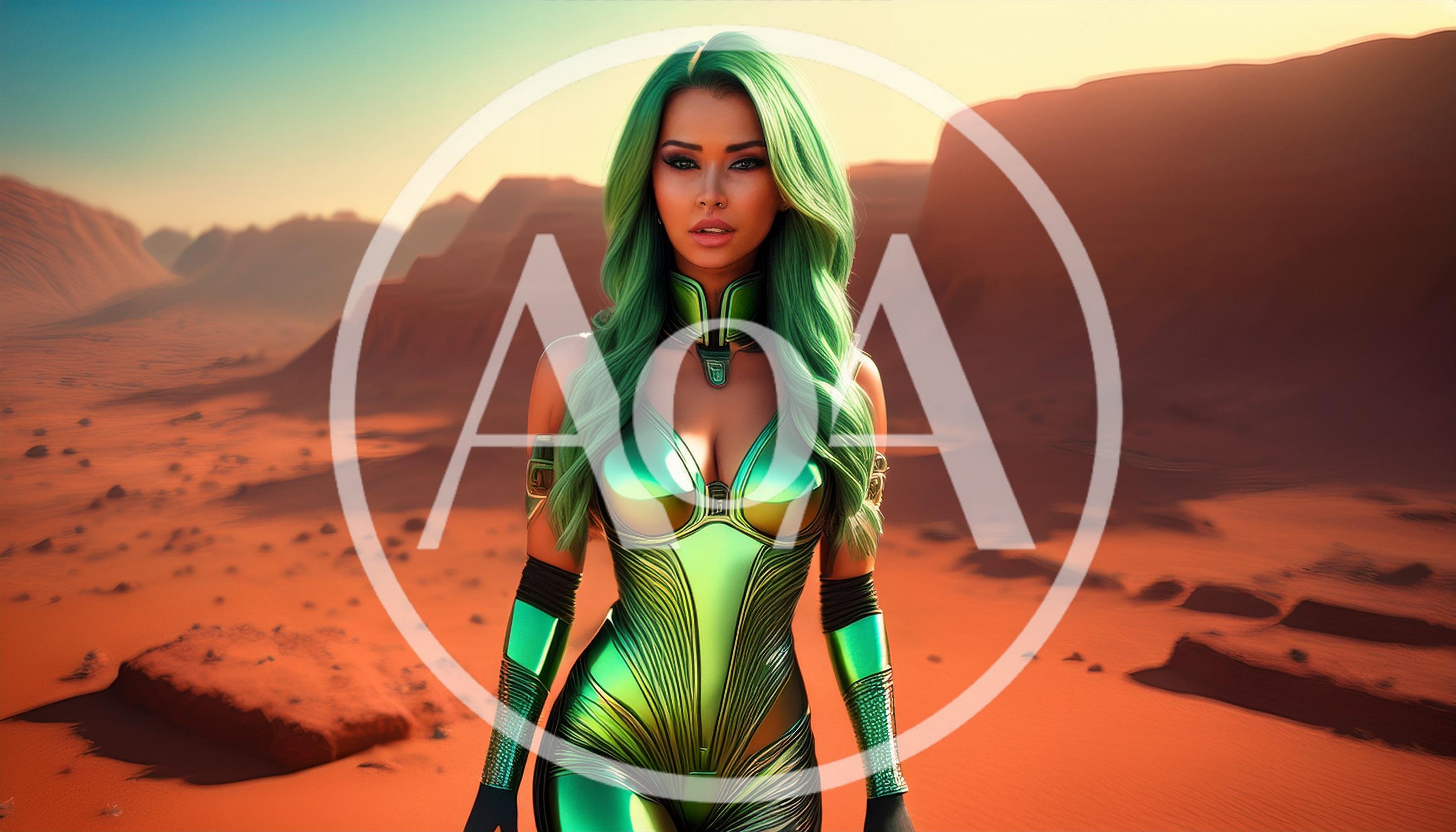 Futuristic Woman With Green Hair In Martian Landscape