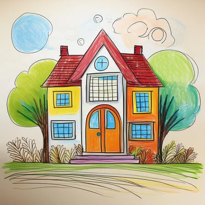 Hand Drawn Illustration Of A Colorful Suburban House