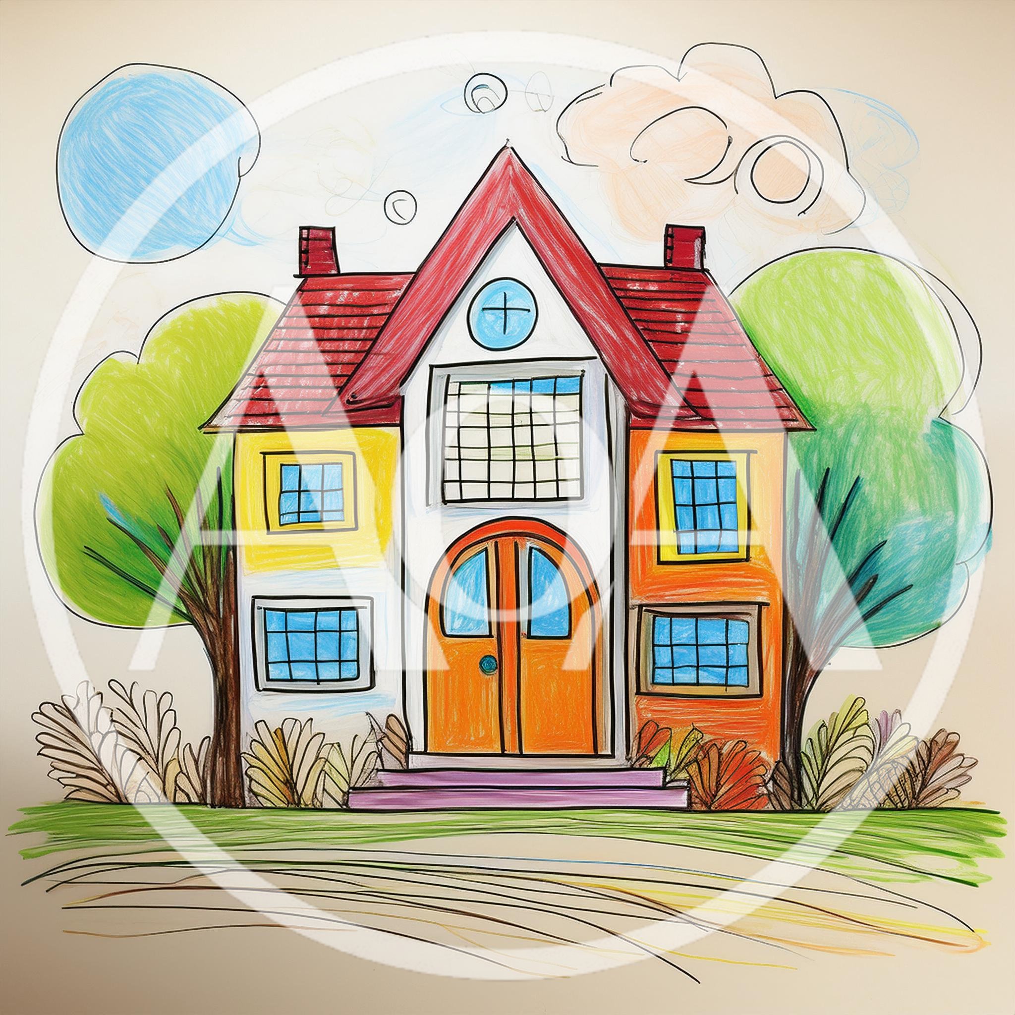 Hand Drawn Illustration Of A Colorful Suburban House