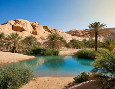 Oasis With Turquoise Water And Palm Trees In Desert