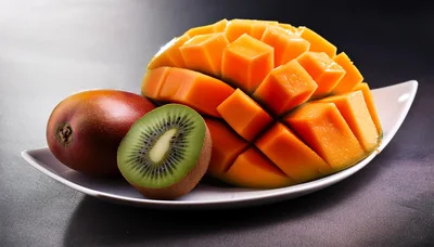 Fresh Mango And Kiwi Fruit On A White Plate