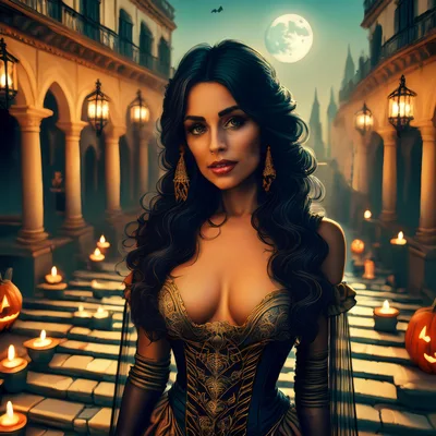 Beautiful Woman in Gothic Costume Standing on Candlelit Stairs