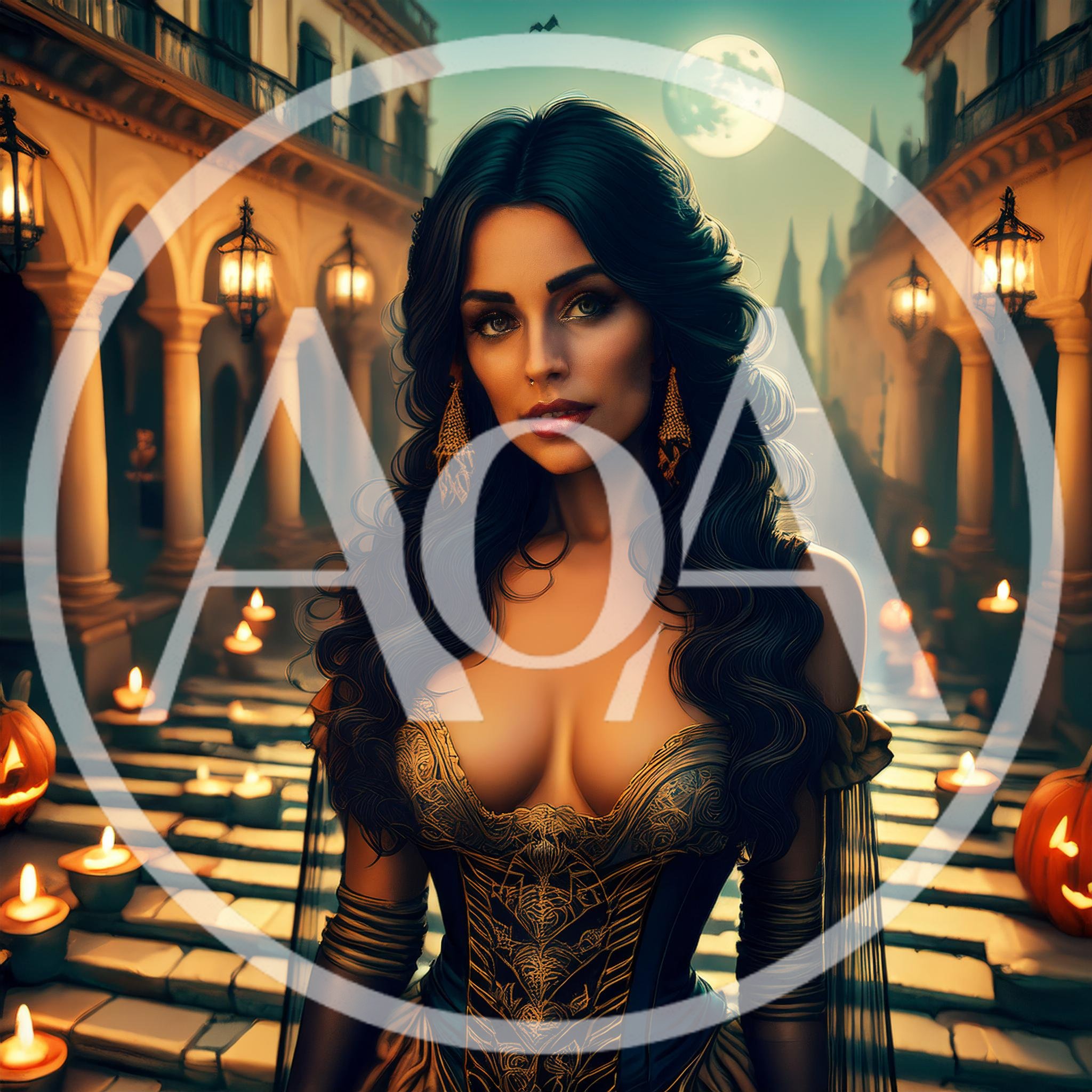 Beautiful Woman in Gothic Costume Standing on Candlelit Stairs