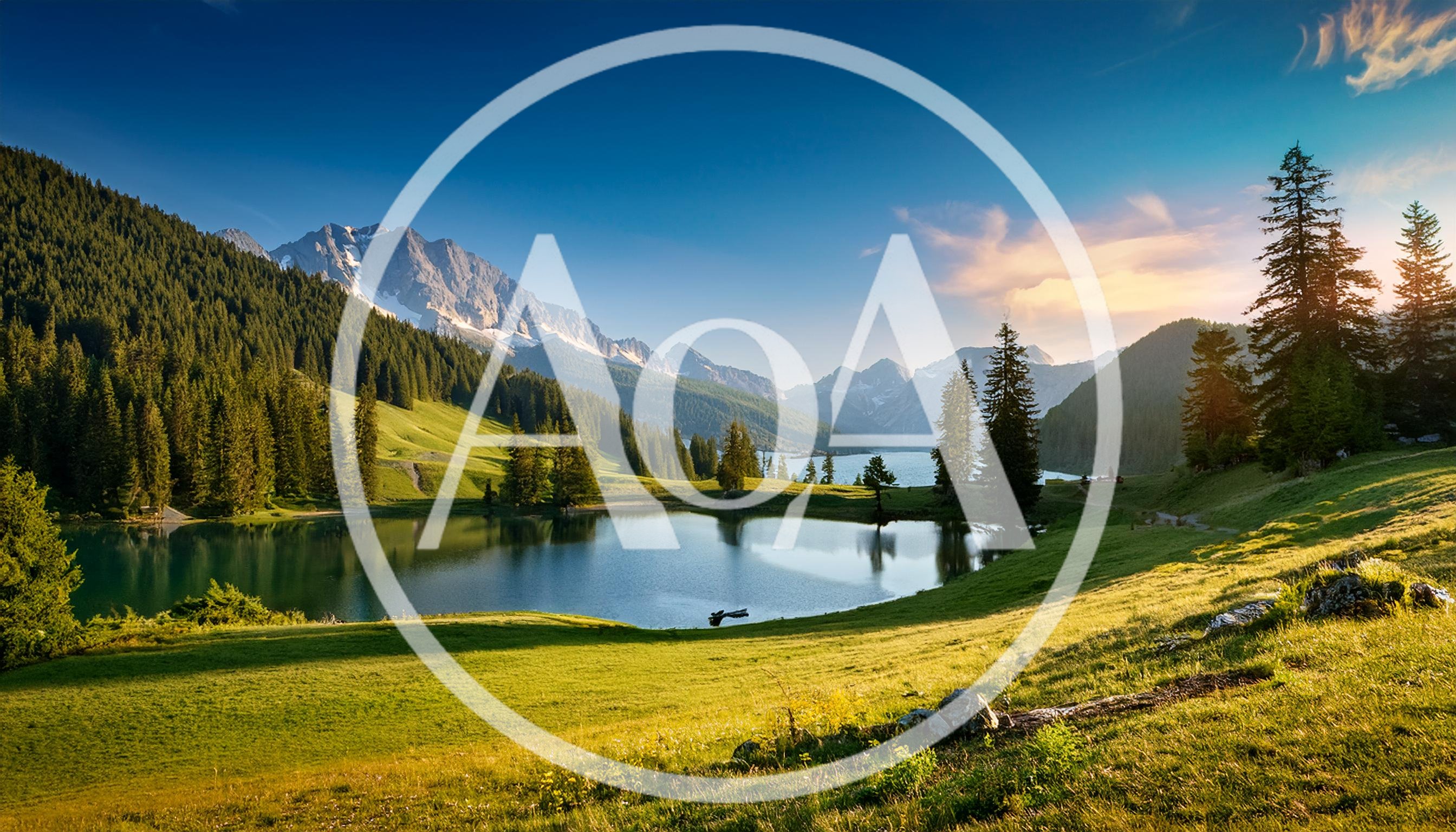 Alpine Lake Landscape With Mountain Peaks And Pine Forest