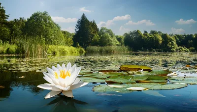 White Water Lily Blooming on a Calm Pond
