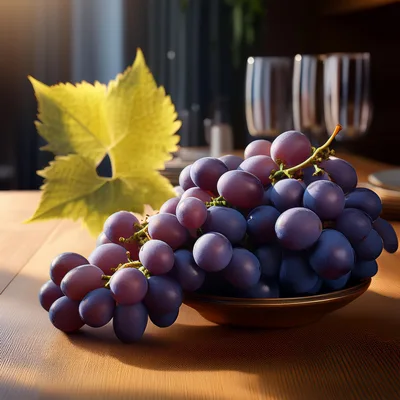 Fresh Purple Grapes In A Bowl On A Wooden Table