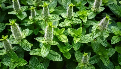 Fresh Green Mint Plants With Flowering Spikes