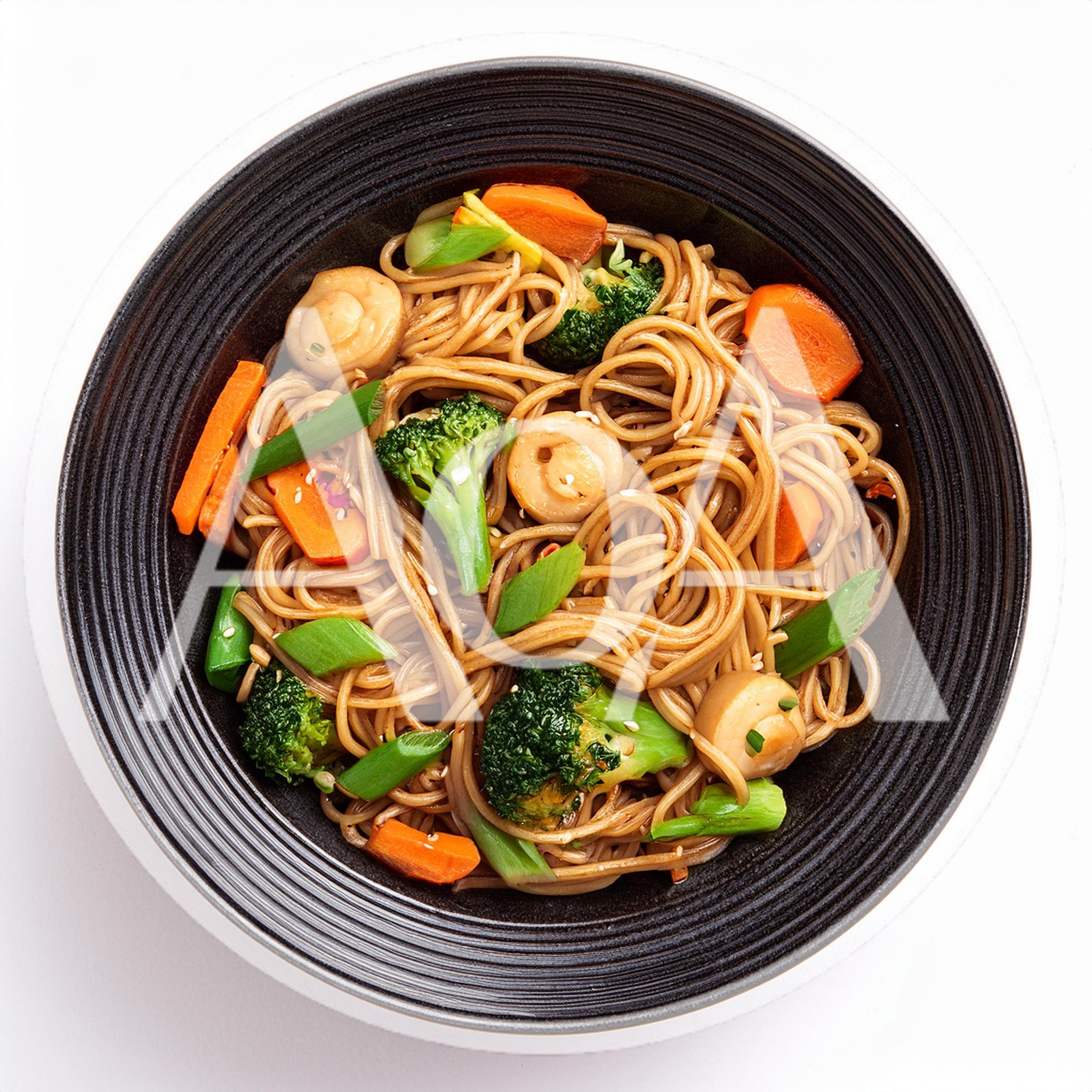 Stir Fried Noodles With Vegetables In Black Bowl