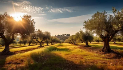 Sunlit Olive Grove Landscape At Golden Hour