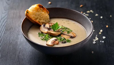 Creamy Mushroom Soup In A Dark Bowl