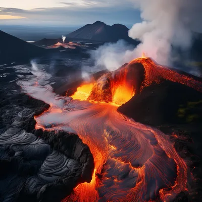 Aerial View Of Active Volcanic Eruption With Lava Flow