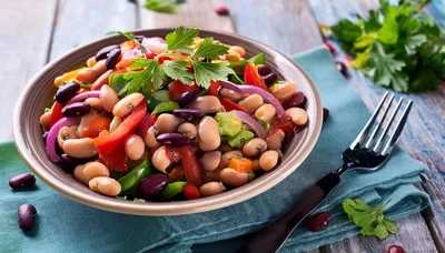 Fresh Three Bean Salad in a Ceramic Bowl