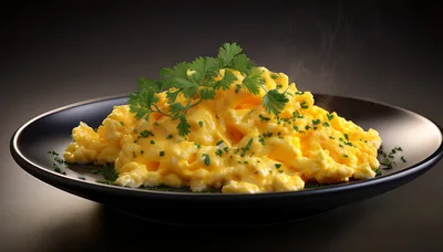 Plate Of Freshly Cooked Scrambled Eggs With Herbs