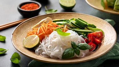 Fresh Vietnamese Noodle Salad Bowl With Vegetables