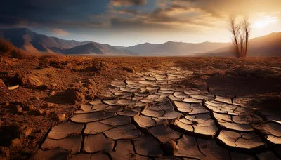 Cracked Dry Earth Landscape Under Sunset Sky