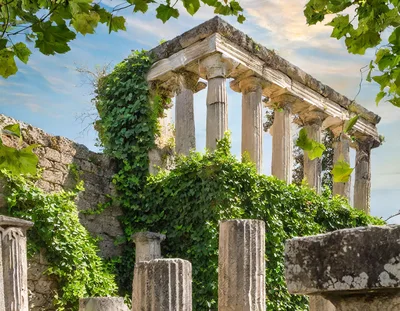 Ancient Roman Temple Ruins With Overgrown Ivy
