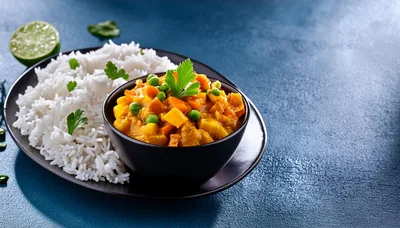 Bowl Of Vegetable Curry With Steamed White Rice
