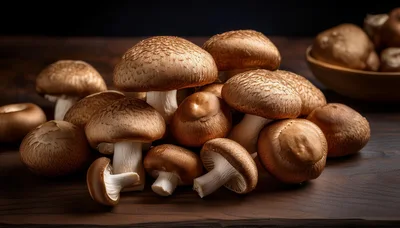 Fresh Shiitake Mushrooms Arranged On A Wooden Table