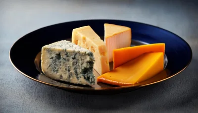 Assorted Cheese Wedges Arranged on a Dark Plate