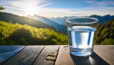 Glass Of Water On Wooden Table Overlooking Mountains