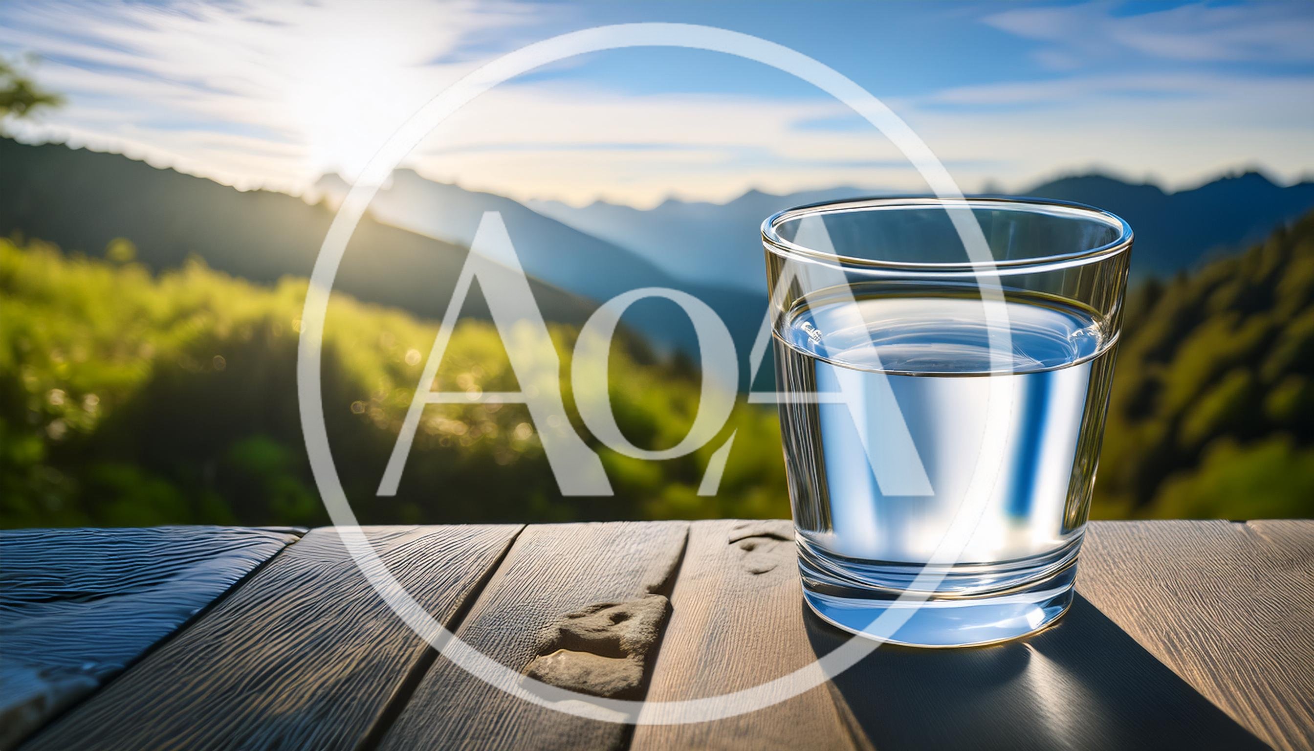 Glass Of Water On Wooden Table Overlooking Mountains
