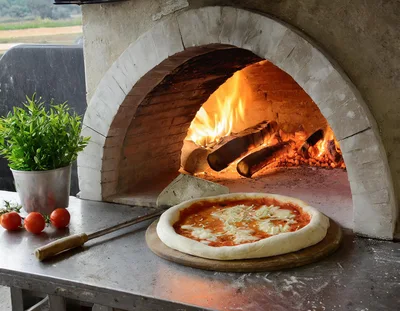 Fresh Pizza Being Prepared In A Traditional Wood Fired Oven