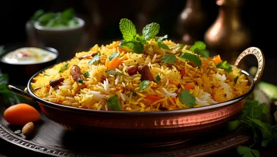 Traditional Indian Biryani Served In A Copper Bowl