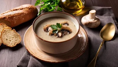 Creamy Mushroom Soup Served In A Ceramic Bowl