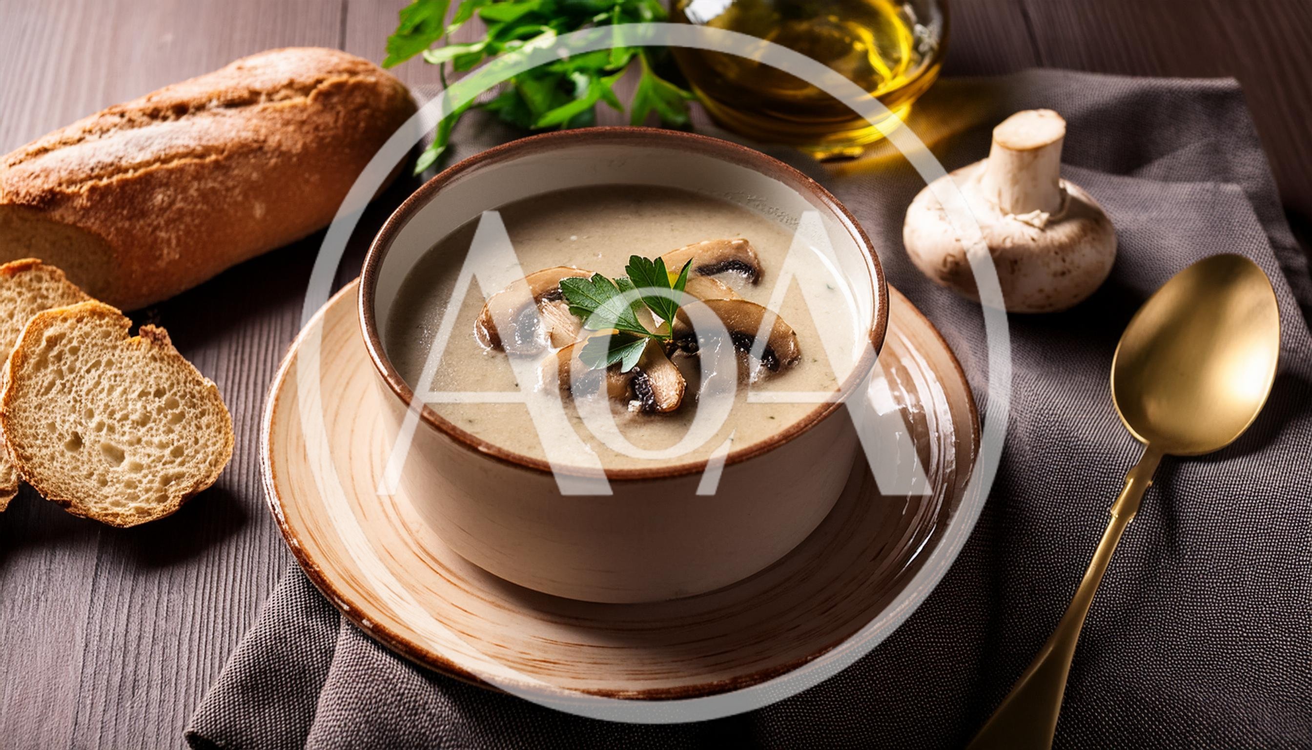 Creamy Mushroom Soup Served In A Ceramic Bowl