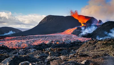 Volcanic Eruption With Molten Lava Flowing Downhill