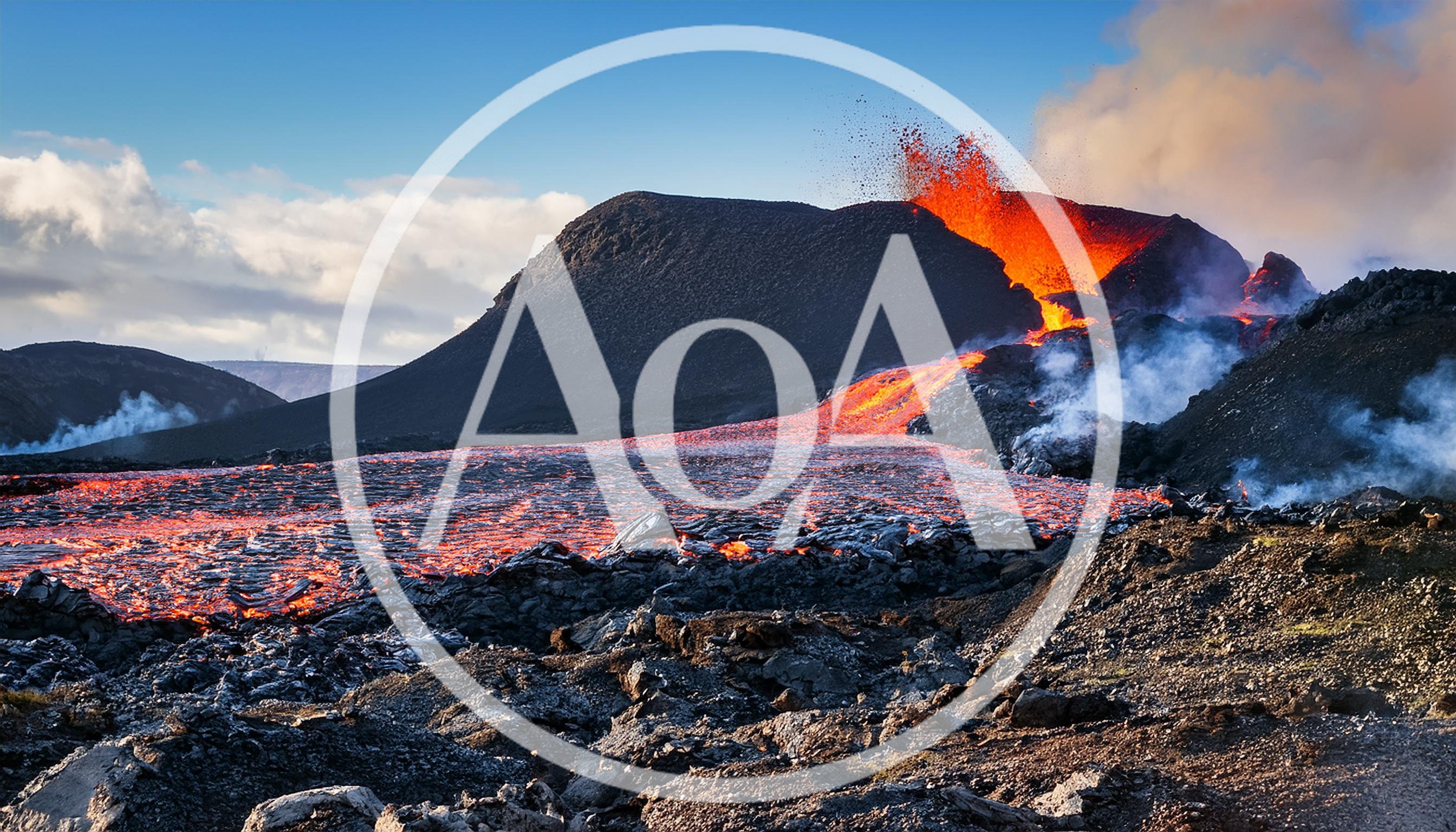 Volcanic Eruption With Molten Lava Flowing Downhill