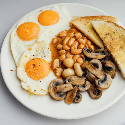 Full English Breakfast Plate With Eggs Beans And Mushrooms