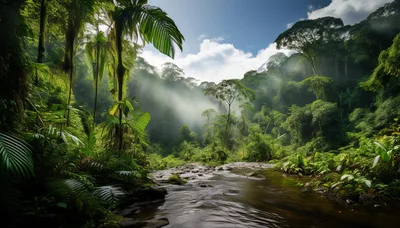 Lush Tropical Rainforest Stream With Morning Mist