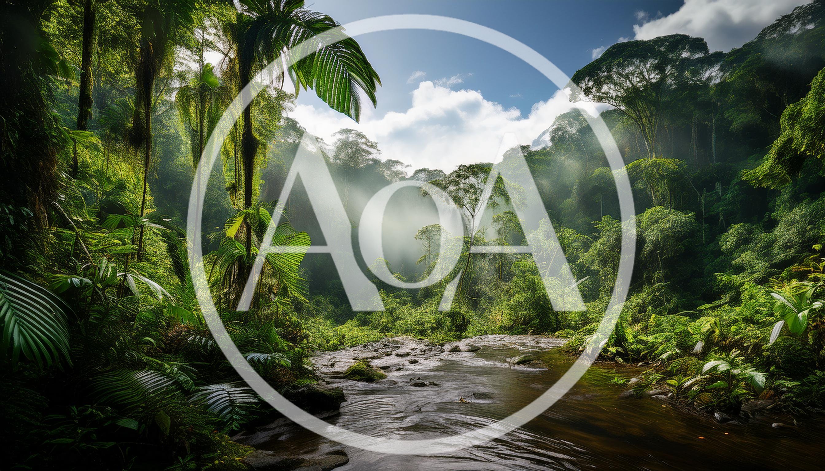 Lush Tropical Rainforest Stream With Morning Mist