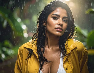Beautiful Woman Wearing Yellow Raincoat In Tropical Rain