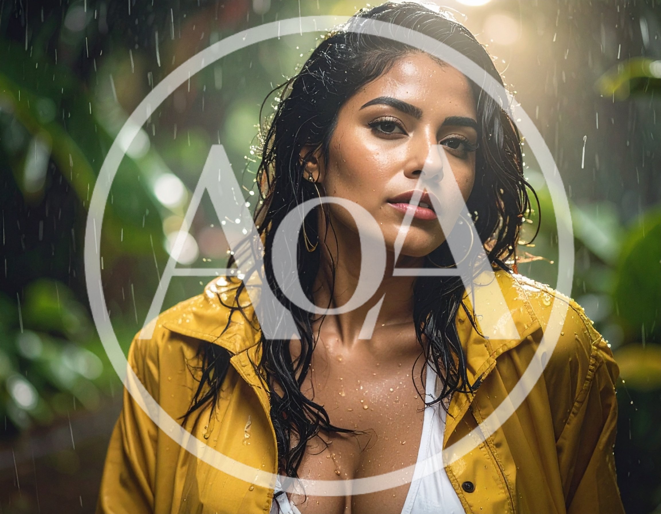 Beautiful Woman Wearing Yellow Raincoat In Tropical Rain