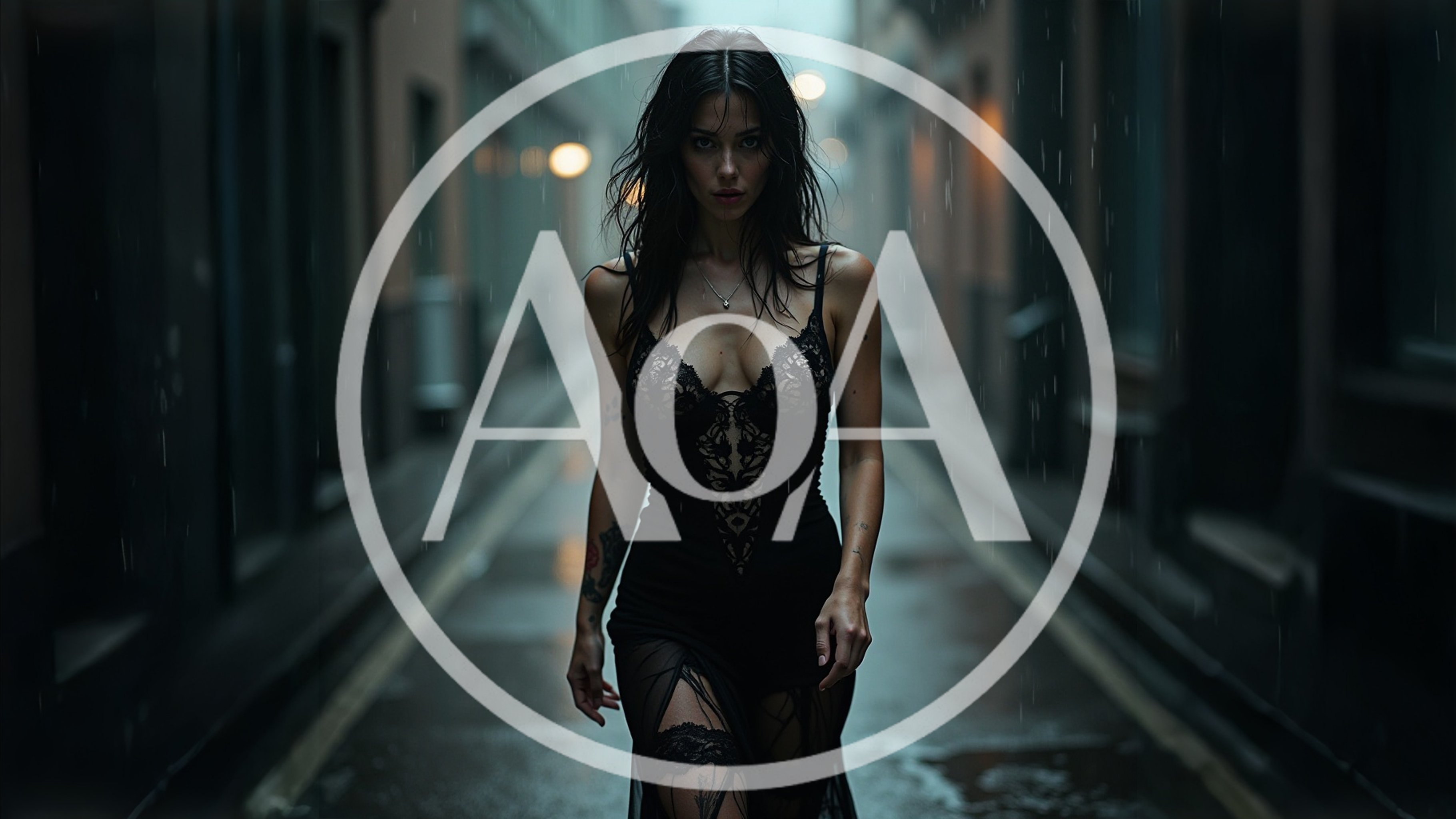 Woman In Black Lace Dress Walking Through Rainy Alley