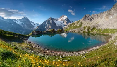 Alpine Lake Reflection Under Snow Capped Mountain Peaks