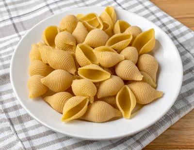 Raw Conchiglie Pasta Shells on a White Plate