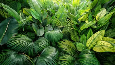 Lush Tropical Foliage With Diverse Green Palm Leaves
