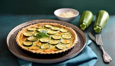 Freshly Baked Zucchini Quiche on a Rustic Plate