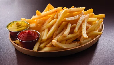 Golden French Fries With Ketchup And Mustard Dips