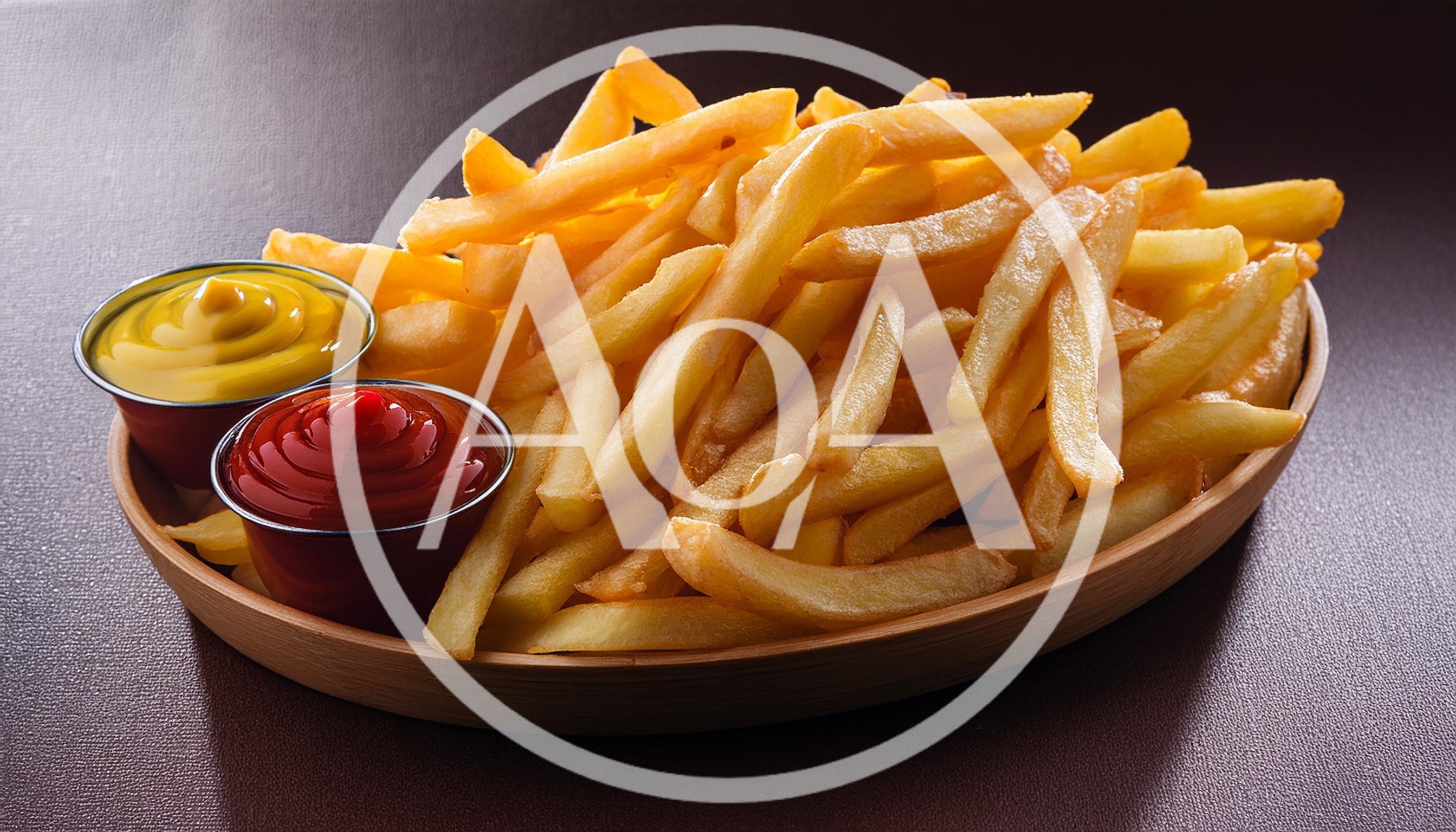 Golden French Fries With Ketchup And Mustard Dips