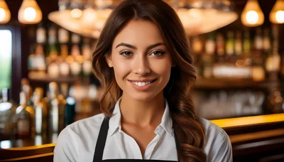 Smiling Female Bartender Standing Behind A Bar Counter