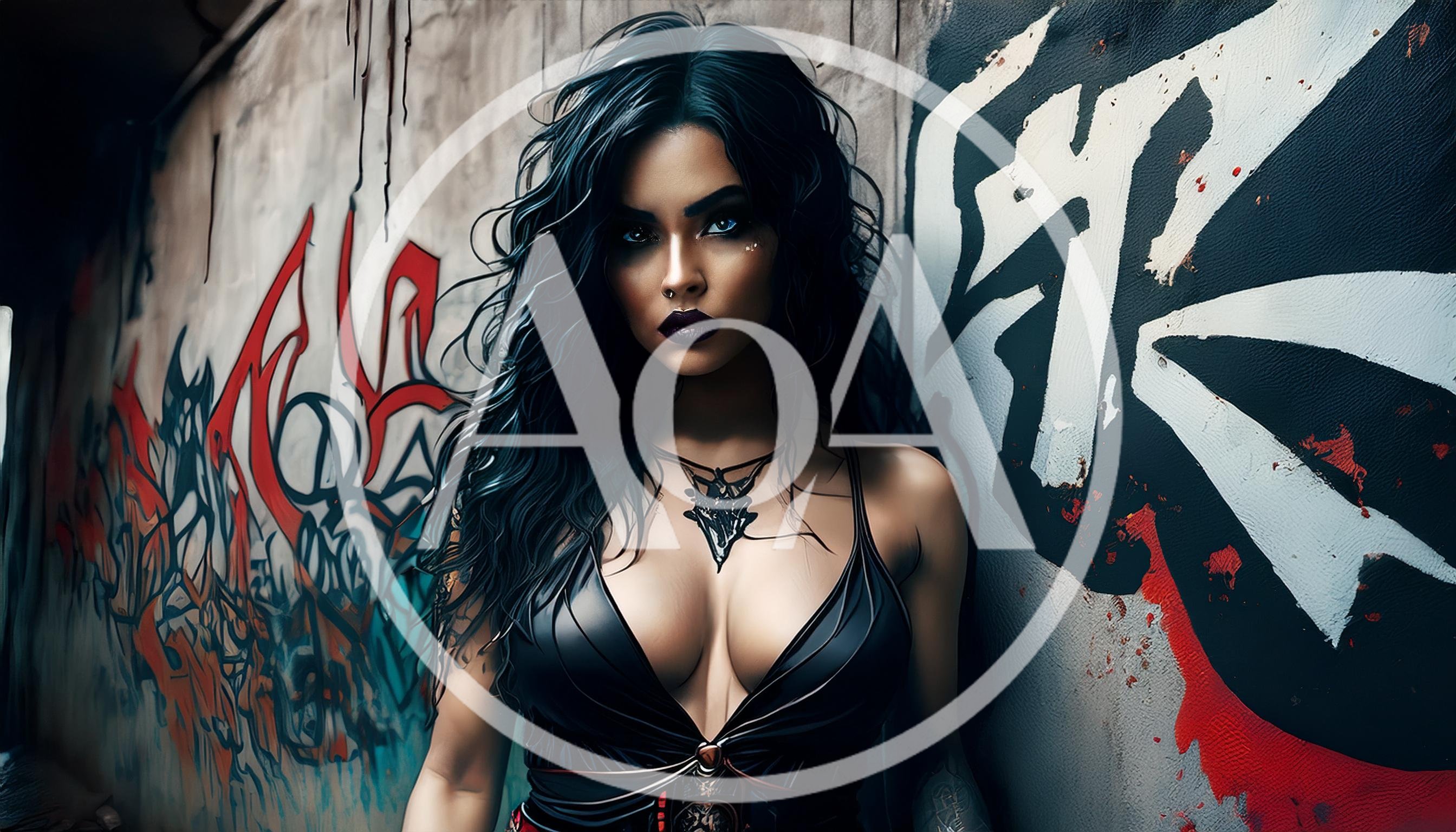 Gothic Woman With Dark Hair Posing Against Graffiti Wall