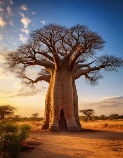 Majestic Baobab Tree In African Savanna At Sunset
