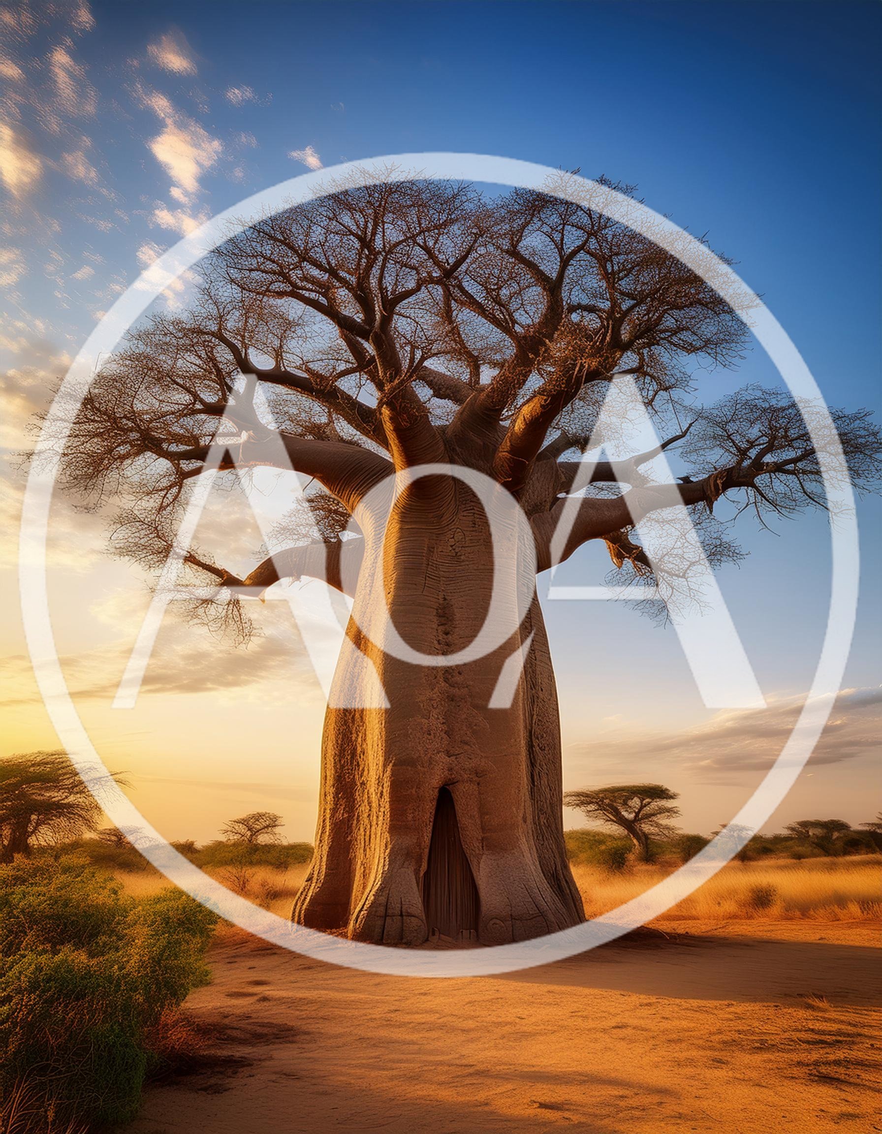 Majestic Baobab Tree In African Savanna At Sunset