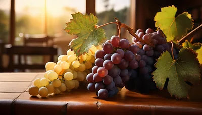 Fresh Green and Purple Grapes on Wooden Table