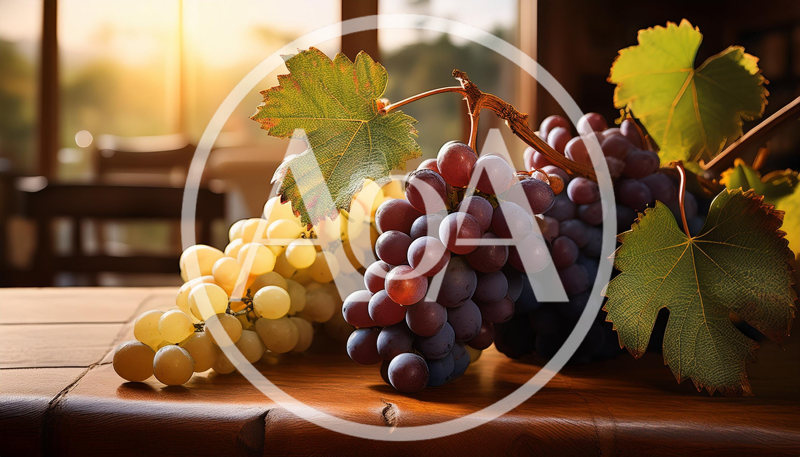 Fresh Green and Purple Grapes on Wooden Table